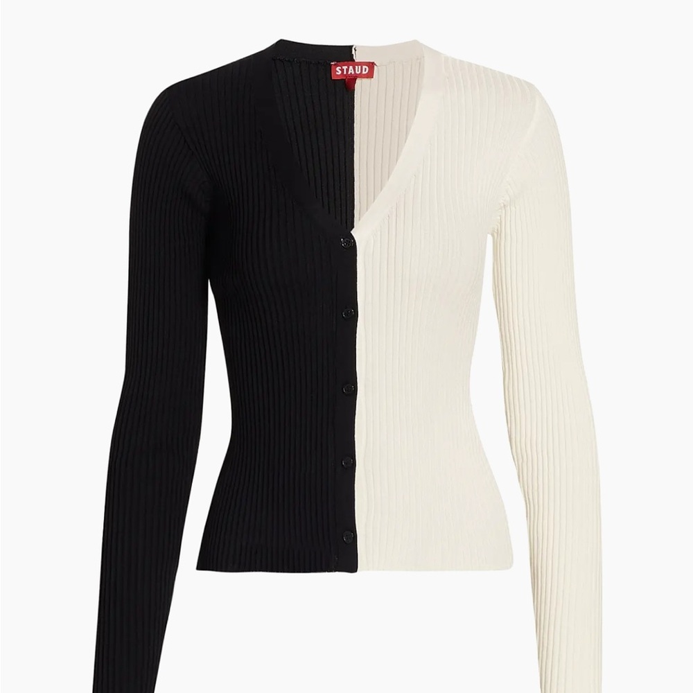 STAUD Black and Cream Ribbed Cardigan